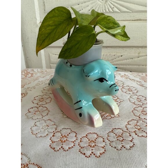 Vintage 50's Rocking Horse Pig Planter Blue Pink - Picture 2 of 11